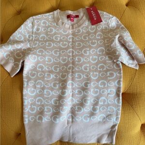 Guess Girls Pink and White Logo Short Sleeve Sweater